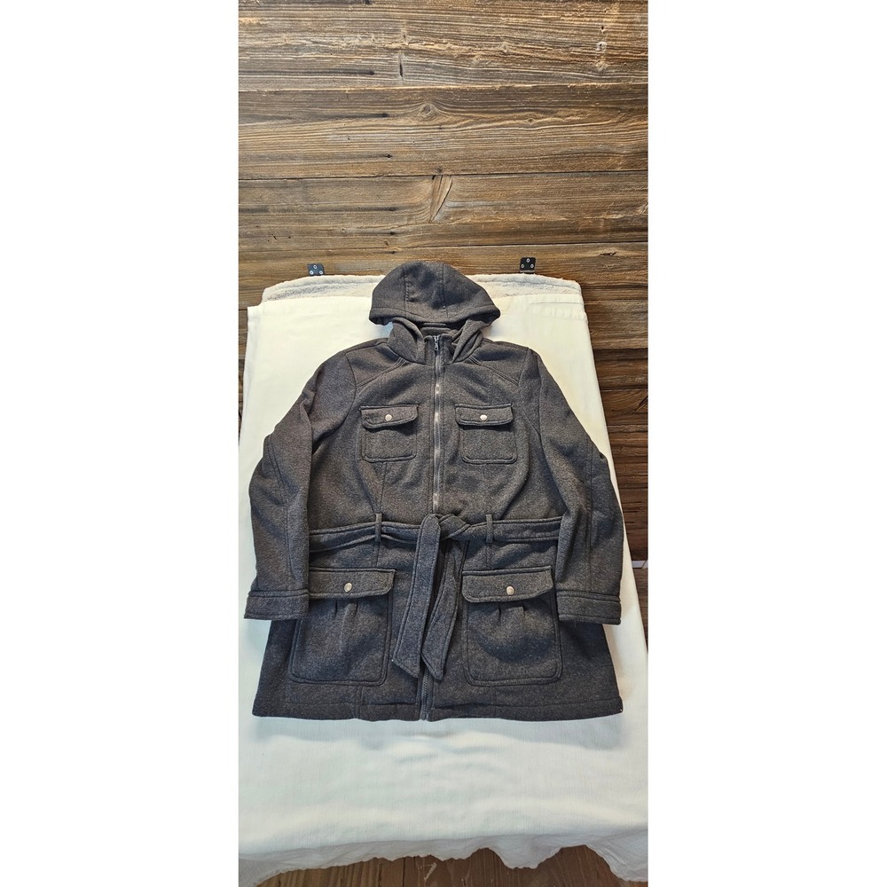 Lili Sport Womens 1X Charcoal Gray Hooded Utility Fleece Jacket Belted Zip Up